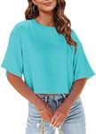 Tankaneo Women Half Sleeve Cropped T-Shirts Drop Shoulder Round Neck Crop Tops Casual Summer Solid Color Basic Tees, 07-lake Blue, Medium