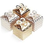 Belle Vous 36 Pack White & Gold Party Treat Favour Gift Boxes with Bows - 9.5 x 8cm/3.74 x 3.15 inches - Zig Zag & Star Loot Goodie Gable Bags - Kids Birthdays, Food, Baby Shower & Weddings