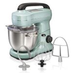 Hamilton Beach Electric Stand Mixer, 4 Quarts, Dough Hook, Flat Beater Attachments, Splash Guard, 7 Speeds with Whisk, Aqua