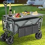 YITAHOME Beach Wagon with Big Universal Wheels,Folding Wagon with Table,2 Drink Holders,Large Capacity,Load-Bearing 220 lbs,Adjustable Handle Height Collapsible Wagon for Outdoor Garden Picnics(Grey)