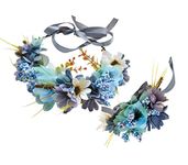 Brikuinr Floral Crown Headband Flower Garland Headband Hair Wreath Hair Garland Flower Halo Floral Headpiece Boho with Wristband Wedding Party Festival Blue