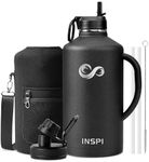 128 oz Gallon Water Bottle with Straw &2 Lids, INSPI Double Wall Vacuum Stainless Steel Metal Large Jug with Handle & Carry Pouch, 100% Leak and Splash Proof, Keep Cold Hot, Black