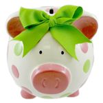 Girls Pink & Green Circles Pig Piggy Bank Green Bow Ceramic Personalized Baby Nursery Decor