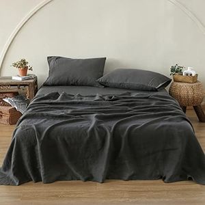 Simple&Opulence 100% Washed Linen Sheet Set-Full Size-Natural France Flax Bed Sheet-4 Pcs Breatherable,Ultra Soft,Farmhouse Bedding (1 Flat Sheet,1 Fitted Sheet,2 Pillowcases)-Embroidery Dark Grey