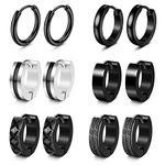 BESTEEL 6 Pairs Mens Earrings Hoops Huggies Earrings Set Stainless Steel Earrings Classic Small Hoop Earrings Helix Earrings Piercing Jewellery Sleeper Earrings Black Hoop Earrings for Men Women