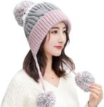 HUAMULAN Women Winter Sherpa Beanie Hats Knit Ear Flaps Peruvian Cover Ears Warm Fleece Lined Ski Snow Hat with 3 Pompom