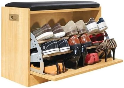Collections Etc Wooden Shoe Cabinet Storage Bench w/Seat Cushion - Holds up to 12 Pairs, Natural