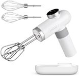 Kitchen in the box Cordless Rechargeable Handheld Mixer for Kitchen, Portable Electric Kitchen Mixer with Beaters, Whisks, 6-Speed Digital Display, Charging Base and USB-C Charge Cable (Pearl White)
