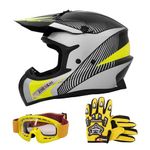 Zorax Black/Silver/Yellow L (59-60cm) ZOR-X305 Motocross HELMET & Gloves L(10cm) & Goggles - MX Quad ATV Sports Enduro Crash Dirt Bike Helmet ECE 22.06 Certified