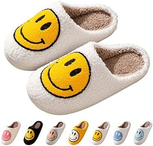 Bevaney Smile Face Slippers for Women, Soft Plush Smile Slippers Retro Preppy Slippers with Smile Face Happy Face Slippers Slip-on Cozy Indoor Outdoor Slippers, Yellow, 9-10 Women/8-9 Men