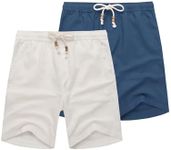 COOFANDY Men's Linen Shorts Classic Fit Summer Casual Beach Shorts 2 Packs White/Navy Blue