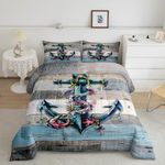 Castle Fairy Nautical Anchor Queen Size Comforter Set,Red Starfish Sea Coral Down Alternative Comforter Adults Bedroom Decor,Farmhouse Style Wooden Board Ultra Soft Microfiber Inner Fill 3Pcs Bedding