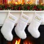 Custom White Christmas Stockings with Your Name - 20 Inches - White Faux Fur with Plush Cuff - Personalized Xmas Stockings for Christmas Home Decoration - 4 Pack