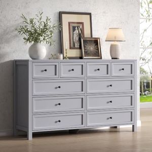 Grey Dresser with 10 Drawers, Farmhouse Chest of Drawers for Bedroom