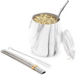 BALIBETOV Modern Mate Cup And Bombilla Set (Yerba Mate Cup) -Yerba Mate Set includes Double Walled 18/8 Stainless Steel Mate Tea Cup, Two Bombilla Mate (Straw) and a Cleaning Brush (8 oz, Gold Marble)