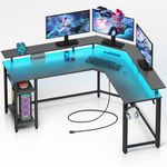 Rolanstar Computer Desk 55.1" with Power Outlets USB Ports & LED Strip,Reversible L Shaped Desk with Monitor Stand & Storage Shelf,L Shaped Gaming Desk with Hooks,Home Office Desk,Carbon Fiber