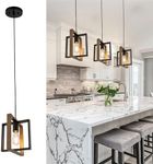 DORESshop Farmhouse Pendant Light Fixture, Adjustable Kitchen Island Lighting, Rustic Hanging Light with Brown Wood and Black Metal, Pendant Light for Kitchen Island, Dining Room(3 Pack Square