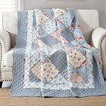 Twin Size Patchwork Quilt Blue Cotton Quilted Throw Blanket Reversible Bedspread Coverlet for Couch Sofa Lightweight Soft Floral Vintage Garden Flowers Comforter Bed Cover for Bed Home Bedroom Decor