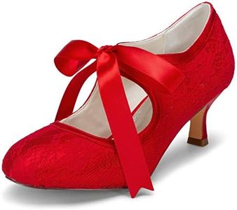JIAJIA 140311 Women's Bridal Shoes Closed Toe Stiletto Heel Lace Satin Pumps Ribbon Tie Wedding Shoes Color Red,Size 5.5 B(M) US/36 EU
