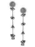 Rubans Oxidised Collection Silver Plated Flower Detailing & Ghungroo Beaded Contemporary Shoulder Duster Drop Earrings for Women & Girls, Ideal for Festive & Special Occasions