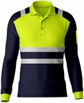 Hi Vis High Visibility Reflective Tape Safety Contrast Polo Shirt Long Sleeve Workwear Tee Tshirt Top Yellow Navy