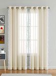 HOMEMONDE Sheer Door Grommet Curtains 7 Feet Linen Textured Transparent Border Pompom Drapes With Stainless Steel Rings, Pack Of 2, Beige