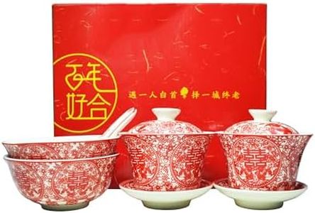 Liang baobao Chinese Wedding Tea Gift Set Gaiwan Bowl Spoon Porcelain Tableware Double Happiness for Men Women Couple Wedding Party (6/Set Paper-cut double happiness)