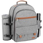 Sunflora Picnic Backpack for 4 Person Set Pack with Stainless Steel Flatwares and Insulated Waterproof Pouch for Family Outdoor Camping (Gray)