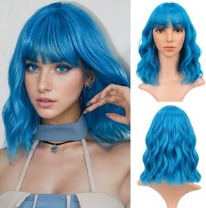VCKOVCKO Short Bob Wigs Lake blue Wavy Wig With Air Bangs Women's Shoulder Length Wigs Curly Wavy Synthetic Cosplay Wig Pastel Bob Wig for Girl Colorful Wigs(12", Lake blue)