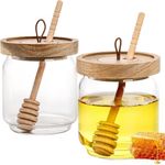 Cididu 2 Pack 14 Oz Honey Jars with Wooden Dipper, Glass Honey Pot with Acacia Lid, Clear Honey Container for Raw Honey, Syrup, Gift Idea for Home, Kitchen, Housewarming
