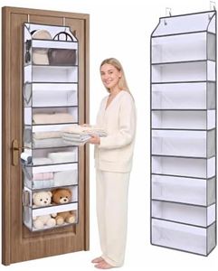 Ordovibe 5 Tiers Over Door Organizer with 10 Mesh Side Pockets, 44 lbs Weight Capacity Low Profile Hanging Storage Organizer with Clear Window Kids Toys, Shoes, Diapers, White & Gray