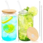 Joyclub Glass Cups with Bamboo Lids and Straws 2 Set 16 oz Reusable Iced Coffee Cup Beer Can Drinking Glasses for Smoothie Whiskey Boba Soda Tea Gift