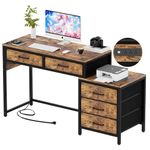 Unikito Computer Desk with 5 Drawers, Reversible Home Office Desk with Power Outlets, Sturdy Writing Desk with File Cabinet and Printer Stand, Vanity Desk with Storage for Small Space, Rustic Brown