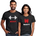 Wear Your Opinion Couple T Shirt for Couple| Anniversary | Mens & Women Cotton Printed Tshirt| Husband Wife Printed Tshirt | Valentine Printed Tshirt (Design: Beauty & Beast,M/S-W/XXL,Black)