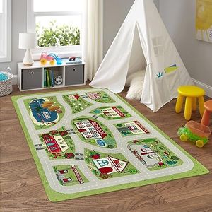 LIVEBOX Green Kids Rug for Playroom, 4'x6' Washable Road Rug for Boys Room, Non-Slip Soft Car Rug for Baby Nursery, Large Kids Floor Mats for Boys Girls Dorm Toy Room Tent