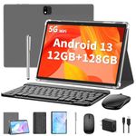 Android Tablet with Keyboard, Android 13 Tablet, 12(6+6)GB+128GB, 1TB Expand, 2 in 1 Tablet, 10 inch Tablet with Case, Mouse, Stylus, 8000mAh Battery, 2.4G/5G WiFi, GPS, Certified Tablet PC, Silver