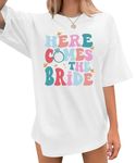 KIMSOONG Bride Shirt Women Here Comes Bride Tee Oversized Bachelorette Party Shirt Wedding Vacation Short Sleeve Tops