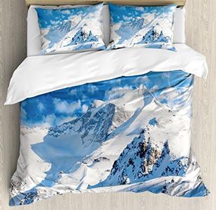Ambesonne Mountain Duvet Cover Set, Mountain Landscape Ski Slope Winter Seasonal Sport Telfer and Snowboarding Image, Decorative 3 Piece Bedding Set with 2 Pillow Shams, King Size, White Blue