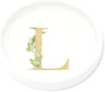 Trinket Tray Ring Dish with Personalized L in Gold Foil and Greenery - White Ring Dish- Monogrammed Trinket Dish or Jewelry Bowl - Cedar & Ink (L)