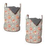 ABAKUHAUS Fox Laundry Bag Pack of 2, Woodland Animal with Birds and Fir Trees Winter Season Flora and Fauna, Hamper Basket with Handles Drawstring Closure, 13" x 13" x 19", Orange Grey Pale Blue