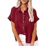 Sold and Shipped by Only Products Womens Cotton Linen Blouses Casual Button Down Shirts 2024 Short Sleeve Loose Work Tops Solid Dressy Shirt Top with Pocket Daily Deals Wine