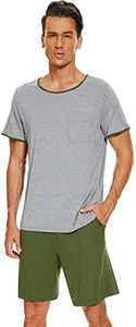 WiWi Mens Pajamas Set Viscose from Bamboo Short Sleeve Top & Pajama Shorts Sleepwear Soft Loungewear with Pockets S-XXL, Heather Grey&Army Green, Medium