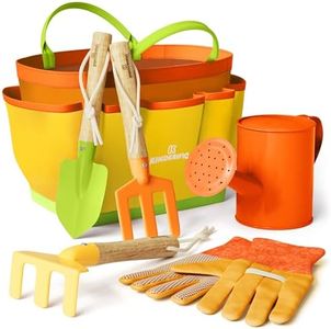 Kinderific Gardening Set, Tool Kit, for Toddlers and Kids 2 Years and up, STEM, Includes Tote Bag, Spade, Watering Can, Rake, Fork, Trowel and Glove (Pale Yellow)