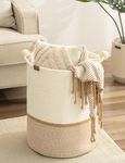 StorageWorks 58L Cotton Rope Laundry Basket with Wooden Beads Handles, Woven Basket for Storage, Dirty Clothes, Kids Toys, Towels, White & Khaki