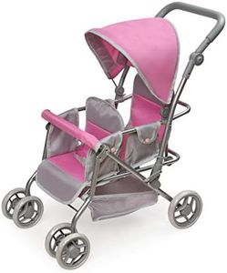 Badger Basket Folding Inline Double Doll Stroller with Adjustable Seats and Storage for 18 to 20 inch Dolls- Compact, Lightweight Design, Gray/Pink for Pretend Play