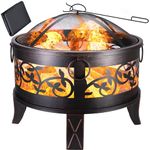 GARDEBRUK® Garden Patio Fire Pit | Diameter 67 cm | Rustic Outdoor Modern Steel Fire Basket Log Burner | Spark Protection Mesh Grill Guard, Poker, Storage Cover | Black Bronze