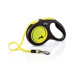 Flexi New Neon Automatic Dog Leash Pause And Lock, Retractable Comfortable One Hand Brake System Nylon Tape, Yellow 5M/16 Ft Medium For Medium Dogs, Max Capacity - 25 Kgs, 16 Cm