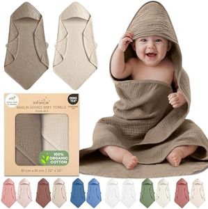 Organic Cotton Muslin Baby Hooded Towels - 32x32 Inch, 2 Pack Newborn Bath Towels for Boys & Girls, Soft & Absorbent Bath Set (Olive/Ivory)