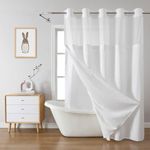 eachope White Extra Long No Hook Waffle Weave Shower Curtain with snap-in Liner Replacement, 230GSM Waterproof Fabric Hotel Shower Curtain Set for Bathroom, Through Mesh Top Window,71Wx98H