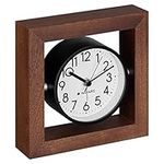 Navaris Analogue Wooden Clock - Square Wood Clock with Silent Movement for Desk, Tabletop, Countertop, Shelf - Mantel Clock - Dark Brown, White Face